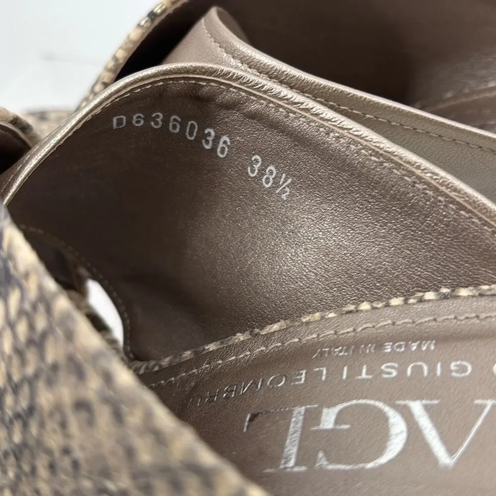 AGL Snakeskin Peep Toe Slip-On Heeled Strappy Sandal Brown Gold‎ 38.5/8